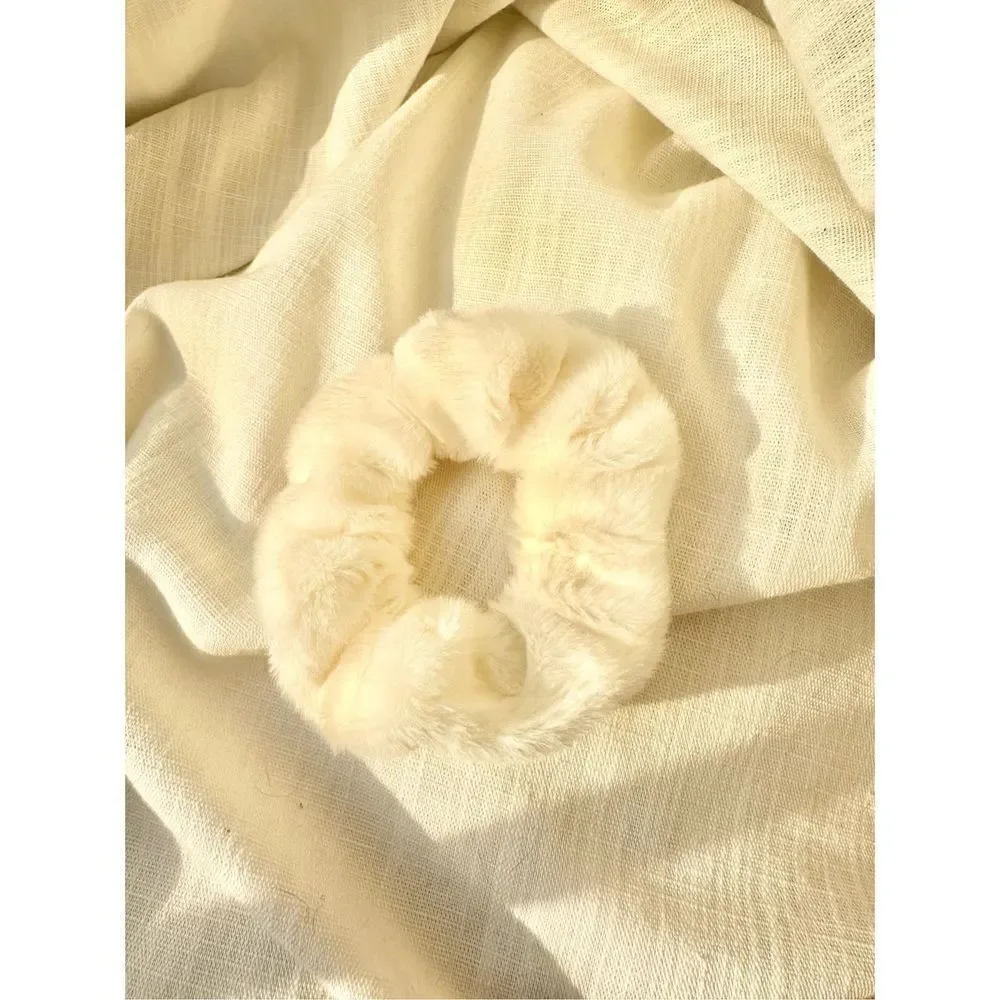 Cream fuzzy hair tie scrunchie